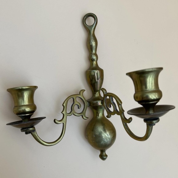 The Unbranded Brand Other - Vintage Solid Brass 2 Arm Candle Holder Wall Mounted Sconce Candelabra 10"